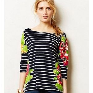 Anthro Meadow Rue Floral Striped 3/4 Sleeve Top